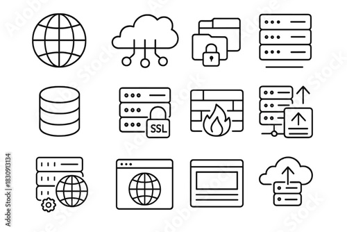 Internet security, data management, cloud technology, and web hosting symbols