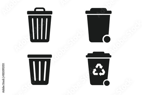 Black icons of trash cans and recycling containers for waste disposal