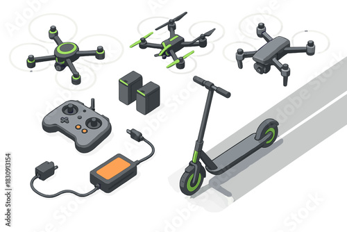 Modern technology devices set including drones, remote controller, batteries, charger, and electric scooter isometric view