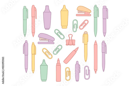 Colorful seamless pattern of scattered pastel stationery items and supplies on white