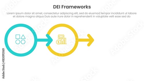 DEI strategic framework plan infographic 3 point stage template with big outline circle and arrow smooth slide from left video animation or animated motion