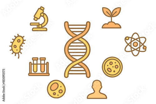 Set of scientific research and biology icons featuring DNA, laboratory equipment, and microscopic organisms