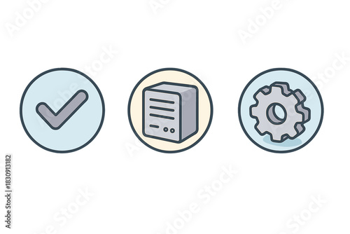 Checkmark, data server, and settings gear symbols for digital technology concepts
