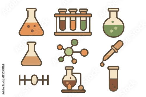 Chemistry lab glassware set with test tubes, pipette, and molecular structure symbols