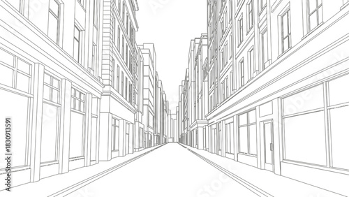 Detailed line drawing of a city street with buildings and shops on both sides, receding into the distance, perspective view.