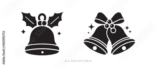 Christmas Bell Silhouette Vector. with Holly and Bow, Vector Illustration 