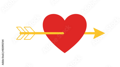 A simple flat illustration of a red heart pierced by a golden arrow on a white background.