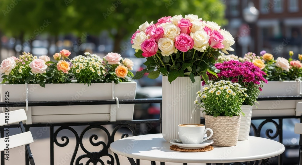 Fototapeta premium Serene Patio Scene with Flowers and Coffee: A table setting on a charming patio, adorned with vibrant floral arrangements and a steaming cup of coffee, creating a tranquil and inviting atmosphere.