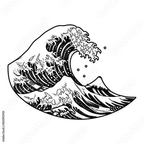 Stylized illustration of a powerful ocean wave crashing with detailed foam and spray.