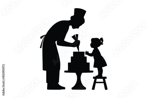 Silhouette of chef and child decorating cake together with icing