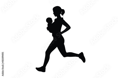 Silhouette of a woman jogging with a baby in a carrier