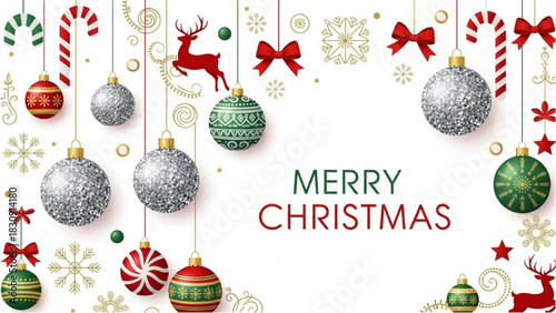 Elegant festive holiday background with hanging ornaments, reindeer, and snowflakes, perfect for seasonal greetings and celebrations