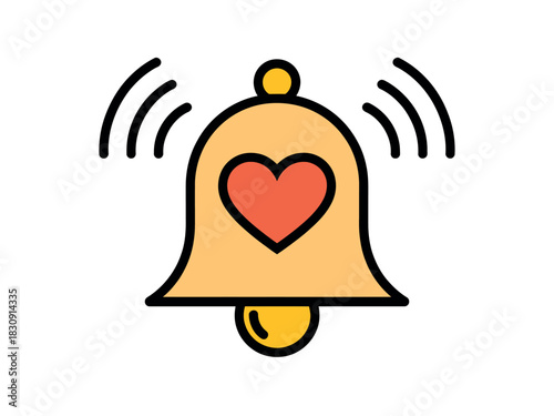 A stylized bell with a heart symbol rings with emanating sound waves, symbolizing love notifications or alerts.
