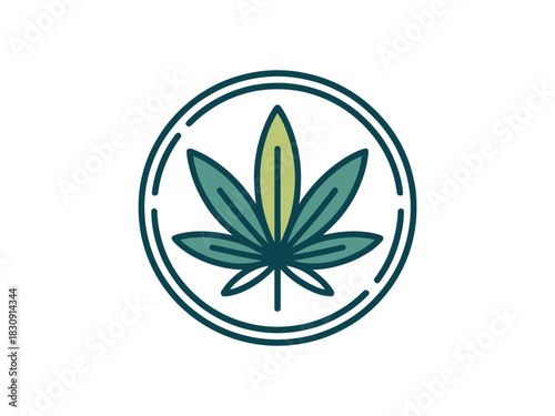 A stylized cannabis leaf icon is centered within a double circle against a white background, symbolizing nature and wellness.