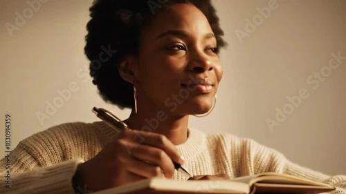 Young Black Woman Writing in Journal with Pen Wearing Cream Knit Sweater and Gold Hoop Earrings Warm Soft Lighting Focused Expression Indoor Setting