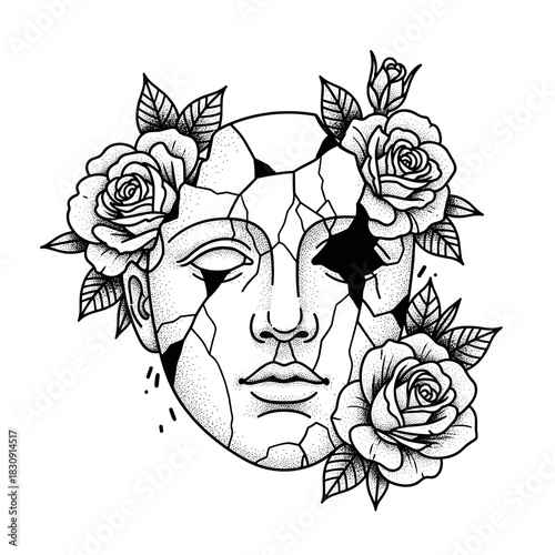 Broken ancient statue head adorned with blooming roses and leaves.