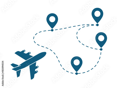 An airplane follows a dotted line route connecting several location pins across a white background representing travel plans and destinations.