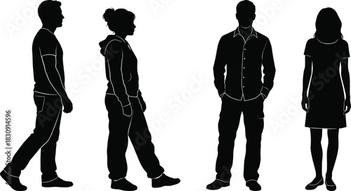 Silhouettes of four diverse individuals standing and walking against a white background