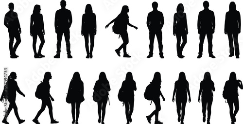 Diverse silhouettes of people in various poses and attire against a white background