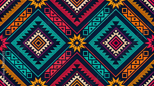 Vibrant neon tribal pattern, bold geometric shapes, seamless design
