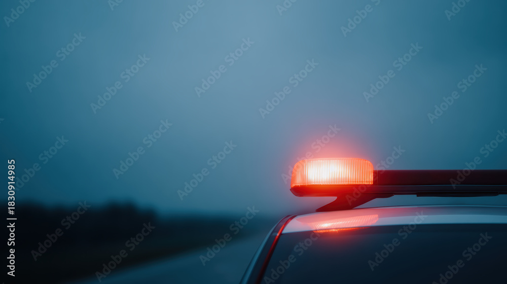 Obraz premium Red emergency light from patrol car flashing on dark, foggy night. scene creates feeling of urgency and warning on road side