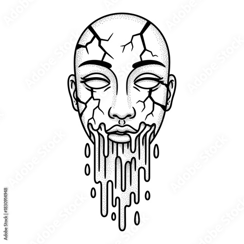 Cracked Face Melting Dripping Liquid Symbolizing Emotional Distress.