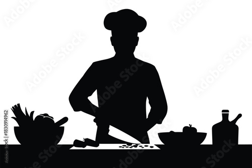 Chef preparing food silhouette with vegetables and bottle on table