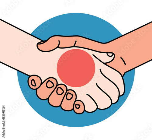Two hands shake in agreement over a stylized red circle on a blue background.