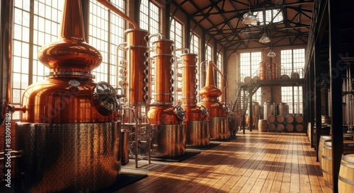 Copper stills and barrels in a distillery