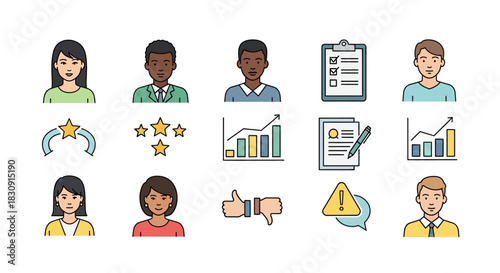Collection of business and user feedback icons, including people, charts, and documents.