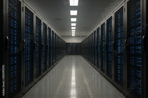 Server racks in modern server room data center - 3d illustration.