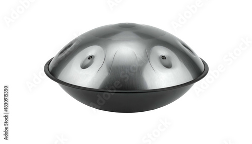 Silver steel handpan with tuned indentations, black rim on black