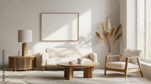 Minimalist living room with light wood furniture, soft beige seating, natural pampas accents, and warm daylight, idea for interior design layouts, home decor visuals, and modern styling content