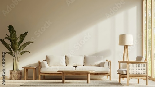 Minimalist living room with natural wood furniture, soft cream seating, woven textures, indoor greenery, and warm daylight, idea for interior design layouts, home decor visuals