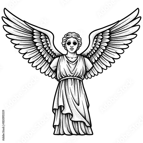 Stylized Angelic Figure with Large Wings and Draped Robes.