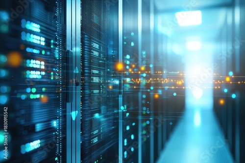 Bright data center aisle with illuminated server racks, blue hardware glow, and flowing digital signals across metal cabinets, idea for IT infrastructure visuals and modern technology content