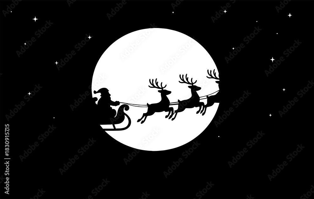 Naklejka premium Santa Sleigh Silhouette Against Full Moon
