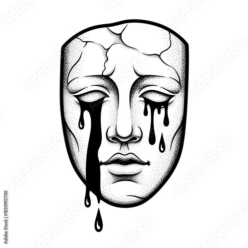 A Cracked Marble Mask Weeping Black Tears Symbolizing Sorrow and Grief.