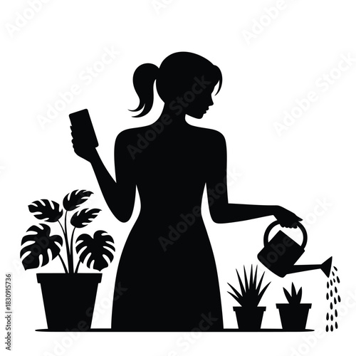 Silhouette of woman watering plants with watering can and spray bottle