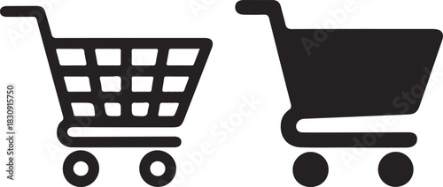 Shopping cart icon set.Full and empty shopping cart symbol shop and sale icon. Shopping trolley in outline. Web cart in line. Shop symbol in black. Trolley icon set. Stock vector illustration.
