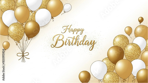 Golden balloons and sparkling confetti celebrating a happy birthday with elegant typography