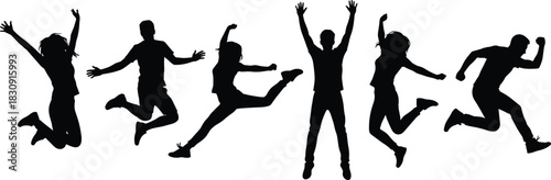 Silhouettes of energetic people jumping in dynamic poses expressing joy, freedom, vitality, celebration, movement, youth, happiness, and excitement