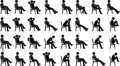 Silhouette vector set of seated man poses showing emotional states, body language, stress, relaxation, introspection, and mental health concepts