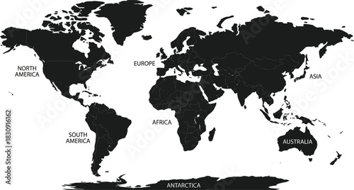 World map vector illustration of the globe and its continents (Europe, America, Asia, Australia) on a white background for travel, business, and geography use