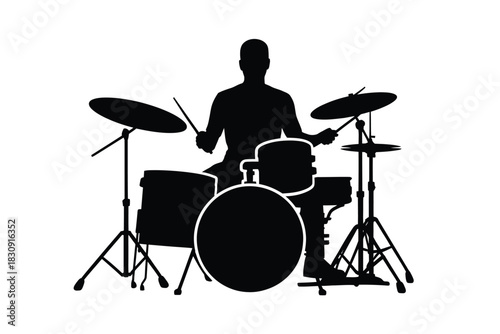 Silhouette of drummer playing drums on white background music performance