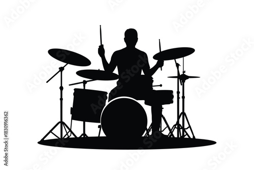 Silhouette of a drummer playing a drum set on white background