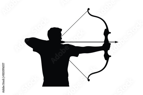 Silhouette of archer aiming with bow and arrow in action