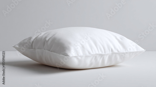 A soft white pillow, inviting rest and relaxation. The pillow's surface has subtle texture and a smooth shape.