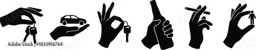 Silhouette hands holding car keys, beer, cigarette, human figure — concept of control, responsibility, addiction, driving safety, lifestyle choices