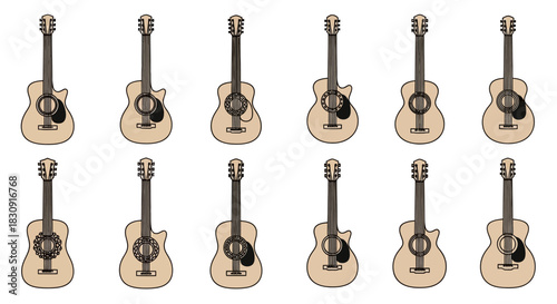 Twelve acoustic guitars arranged in a grid pattern.